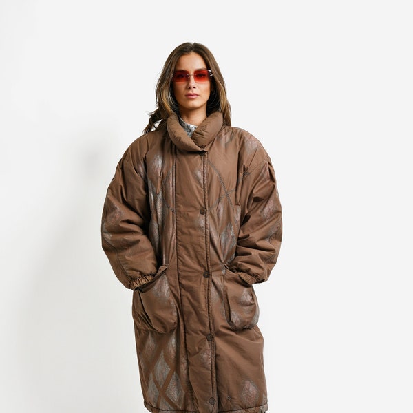 Long manteau matelassé marron pour femme parka chaude rétro des années 80 | doudoune vintage d'hiver décontractée | Veste isolée rave surdimensionnée des années 90 | Petite taille S