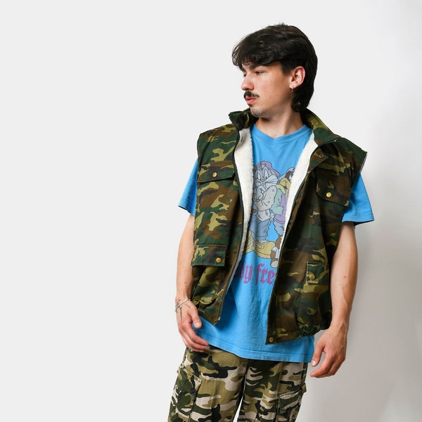 Vintage utility camo sherpa vest men | Green multi pocket warm padded fishing vest | Cargo army military tactical zip up hunting gilet | XL