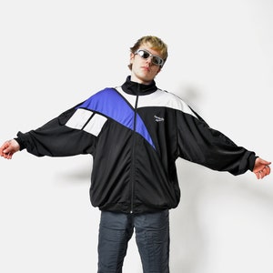 90s REEBOK sport jacket mens black blue white | Old School 80s swag vintage tracksuit top full zip oversized track jacket | Size XXL 2X