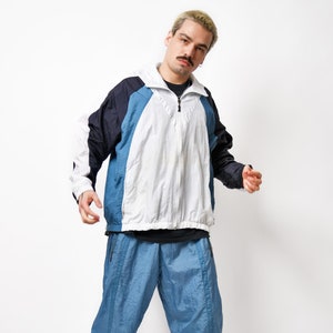 Vintage 90s tracksuit set men&#39;s blue white colour | Old School retro windbreaker shell suit | 80s active sports wear for men | Medium M size