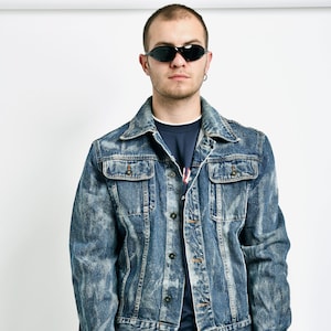 Men&#39;s 90s bleached vintage denim jacket dark wash | Retro oversized acid stone washed blue jeans grunge hipster Old School 90s coat | Large