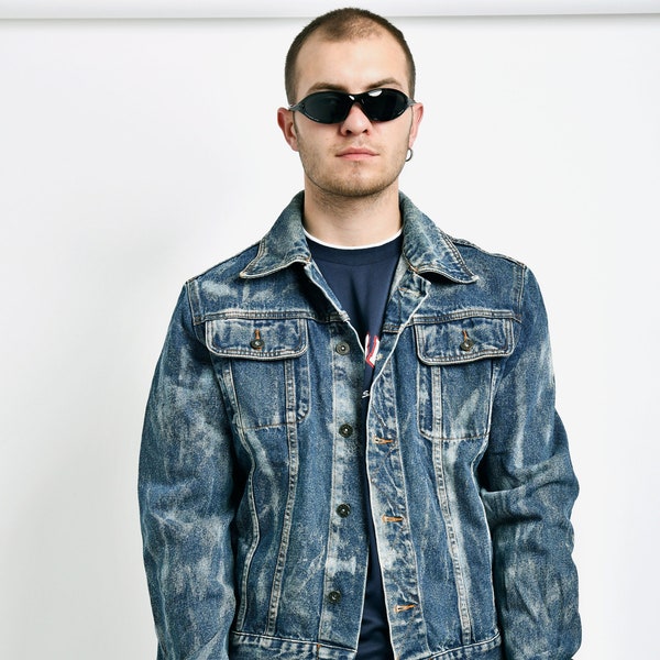 Veste en jean vintage blanchie des années 90 pour homme, délavage foncé | Manteau rétro oversize en jean bleu délavé à l'acide grunge hipster Old School des années 90 | Grande