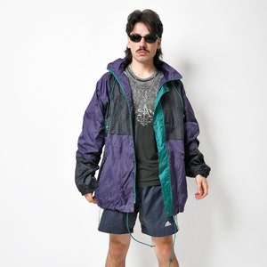 Vintage lightweight windbreaker green purple men Retro 80s hooded light jacket 90s festival rave fall shell wind rain coat Large size image 1