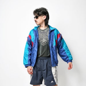 80s retro jacket blue multi colour block Vintage track shell suit top Detachable sleeves nylon sport athletic 90s windbreaker Medium M image 1