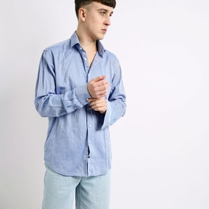Tommy Hilfiger dress shirt blue | Vintage striped slim fit long sleeve shirt men's | 90s retro button down collar shirt boyfriend gift | XL