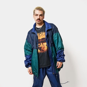 Vintage hooded windbreaker green blue men&#39;s | Retro 80s light rain coat outerwear | 90s festival rave fall spring shell wind raincoat | XL
