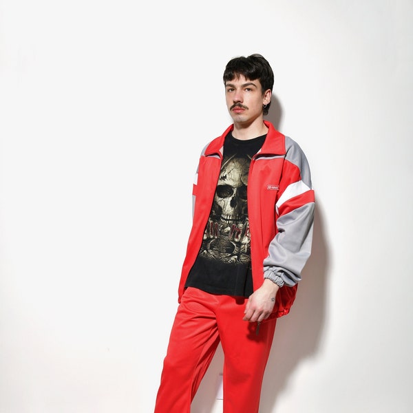 Vintage tracksuit for men in red grey colour | Retro Old School 90 80s sports full tracksuit set | 90s active athletic sportswear | Large L