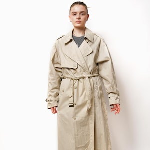 90s vintage detective trench coat women&#39;s beige | Light oversized spring classic retro 80s casual outerwear long belted raincoat | Large L