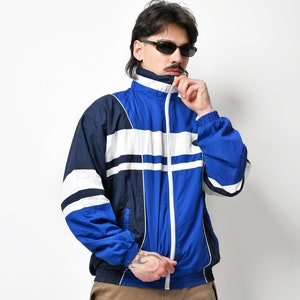 Mens vintage jacket blue white Lightweight windbreaker shell sport jacket 90s Y2K tracksuit top trainer track jacket for men Medium M image 1