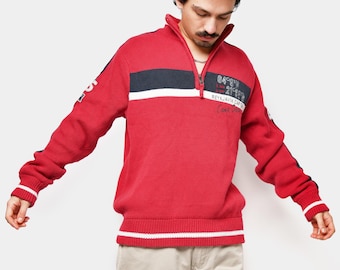 Suéter vintage Y2K de cuello alto para hombre, rojo / Retro 2000s, suéter de invierno cálido con cremallera de 1/4 / Regalo para papá novio / Talla XL