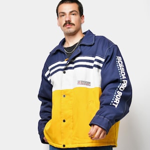 Scotch & Soda retro 90s sport jacket men blue navy yellow (multi colour block) | Vintage 90s sport warm padded windbreaker coat men USA | XL