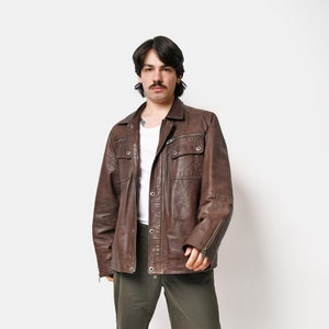Vintage Brown Leather Jacket | 90s Y2K Zip up Collared Bomber