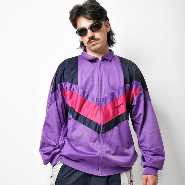 Vintage purple track jacket for men | Retro 80s 90s Old School tracksuit top full zip sport athletic jacket violet | Size Large/XL