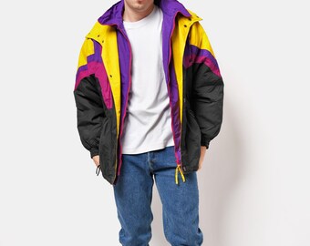 Veste de ski matelassee vintage des annees 80 en violet et rose par l equipe de ski Descente Suisse. Fabrique au Japon Petit Moyen Etsy France