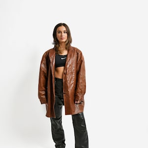 Manteau mi-long en cuir vintage des années 80 marron pour femme | Veste rétro boutonnée Veste en cuir old school des années 90 | Grande taille L