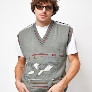 Vintage sweater vest grey multi coloured | Retro 90s knit knitted abstract patterned jumper men&#39;s | 80s sleeveless v-neck gilet | Large L