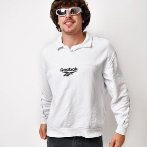REEBOK vintage white collared sweatshirt for men | Old School casual polo sport pullover sweater jumper | 90s streetwear clothing | XL size