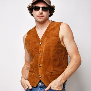 Vintage western suede leather vest for men brown | Retro cowboy sleeveless jacket gilet | Real leather boho hipster waistcoat | Large L size image 1