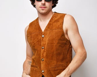 Vintage western suede leather vest for men brown | Retro cowboy sleeveless jacket gilet | Real leather boho hipster waistcoat | Large L size