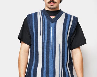 Vintage sweater vest striped in navy blue colour | Retro 90s knit knitted v-neck jumper men's | Sleeveless pullover gilet for him | Large L