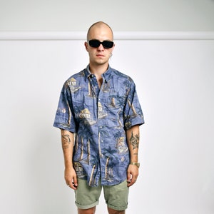 Hawaiian vintage palm printed shirt mens | 90s beach blue colour summer button up shirt | Retro 80s Aloha short sleeve shirt | Large L size