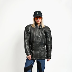 veste en cuir épais noir vintage des années 80 unisexe | Blouson de motard en cuir pour motard des années 90 pour femme | Longue veste de moto rétro à l'ancienne | Grand L