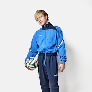 80s vintage one piece tracksuit men blue | 1980s retro Old School soccer sport onesie overall | 90s football jumpsuit sweatsuit for men | XL