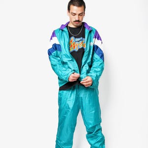 ADIDAS Originals vintage sport tracksuit turquoise green/blue multi colour block men | Old School 80s 90s full wind shell suit set | Large L