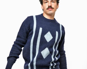 Suéter retro de lana para hombre azul marino / Vintage 90s 80s clásico cálido invierno geométrico diamante rombo papá cuello redondo jersey / M