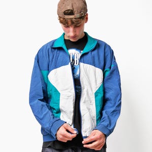 Vintage sport rave shell jacket blue white colour | Men&#39;s 90s swag hipster tracksuit top windbreaker jacket colour block | Large L size