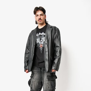 manteau mi-long vintage en cuir véritable noir | Veste rétro à boutons années 2000 pour homme | Veste en cuir rétro old school des années 90 | Grand L