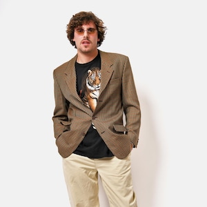 Vintage 80s oversized blazer brown multi colour men&#39;s | Preppy style sport coat | 90s fashion retro classic casual wool jacket | Medium M