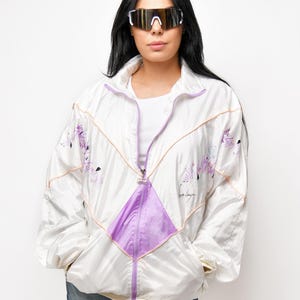 Vintage 80s windbreaker white purple colour | Oversized 90s sport shell jacket for women | Retro lightweight wind jacket | XL size