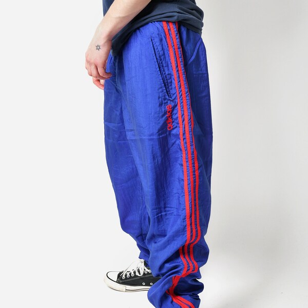 Vintage ADIDAS Originals pants blue colour | Old School 80s 90s festival rave track wind trousers nylon shell joggers for men | XXL 2X size