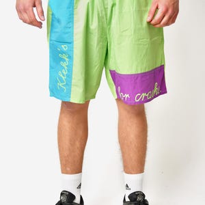 Vintage short uit de jaren 90 in veelkleurig blok (groen blauw paars) | Festival rave jaren 80 zomer kleurrijk zwembord retro strandkoffer heren | XL-maat