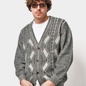 Cardigan vintage sweater mens grey semi wool | 80s 90s boho knit jumper v-neck button up | Boyfriend dads grandpa gift | M/L size