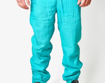 80s Vintage Nylon Windbreaker Pants for Him | 90s Blue Teal Shell