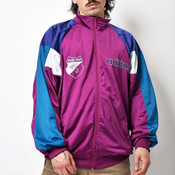 ADIDAS vintage 90s style track top jacket purple blue colour men | Old School 80s retro authentic full zip up sports jumper | XL size