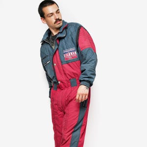 80s vintage winter hooded ski suit in red cherry grey men&#39;s | Retro 90s skiing overall jumpsuit bodysuit snowboarding snowsuit for him | M