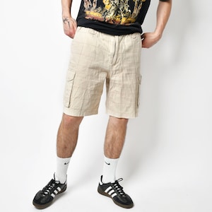 Vintage men&#39;s cargo shorts beige | Hiking 90s 80s tourist safari camp twill shorts | Multi pocket plaid gear shorts for men | Large L size