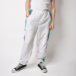 Vintage 90s joggers white multi colour men's 80s sport shell pants Old School wind trouser for men Small/Medium size image 1