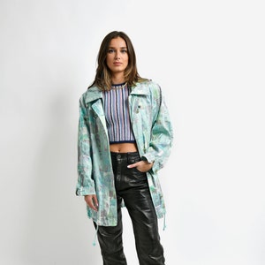 90s vintage rain coat autumn long parka | 80s shell jacket multi pastel colour women's wind coat | Retro abstract patterned windbreaker M/L