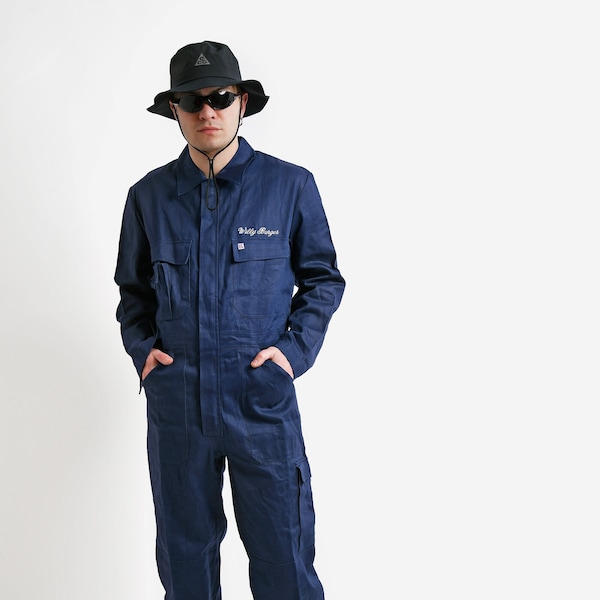 Vintage work coverall boilersuit men navy blue | Long sleeve retro 60s 70s vintage jumpsuit overall | Garage mechanic car workwear | Large L