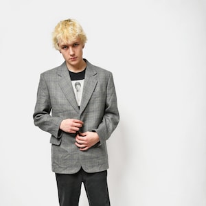 Vintage plaid blazer mens grey | Checkered preppy unisex coat | 90s 80s fashion retro classic casual wool jacket | Medium M size