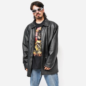 veste en cuir vintage pour homme | Veste zippée années 90 pour homme de l'an 2000 | Manteau mi-long Old School couleur noir | Taille XL