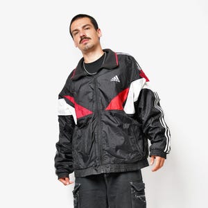 Vintage ADIDAS wind jacket black red white colour block | 90s sport rave tracksuit top | Retro windbreaker nylon 80s jacket | XL size men&#39;s