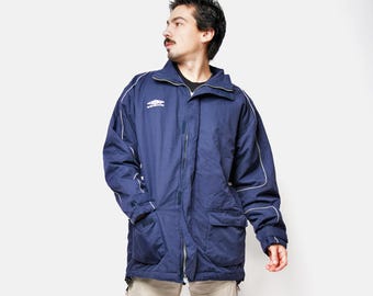 Mens UMBRO vintage hooded parka coat navy blue colour | Y2K 90s fall winter windbreaker warm padded long shell jacket outerwear | Medium M