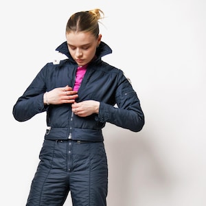 Vintage 80s ski suit set navy blue women | Retro winter 90s two piece (detachable jacket) warm snowsuit ski bodysuit top & bottom | XS/S