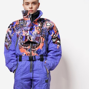Retro 80s ski suit women&#39;s blue | Vintage winter warm 90s abstract patterned one piece skiing overall snow jumpsuit bodysuit snow suit | L