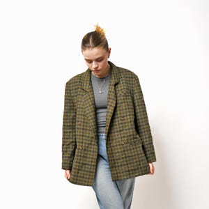 Vintage 80s blazer green khaki jacket | Preppy smart 90s oversized fall retro classic casual warm sport coat women's | Large